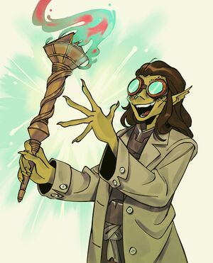 Ti'zirrith, a githyanki with spotted yellow skin, long dark hair, and goggles, wearing a tan trench coat over oversized plate armor. He is holding a golden scepter that glows with cyan and magenta magical energy flowing from it.